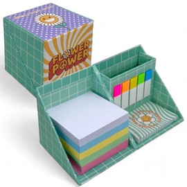 MIJOMA Flower Power Note Pad - Colourful Note Box 75 x 75 mm, 500 Sheets + 180 Sticky Notes, Desk Organiser Design