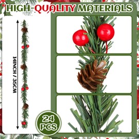 Jutom 24 Pcs Christmas Garland Ties 13.7" Christmas Garland Twist Ties with Red Berries and Pine Cones Xmas Artificial Pine Garland for Christmas Decoration Craft Gift Wrapping Holiday Banister Decor