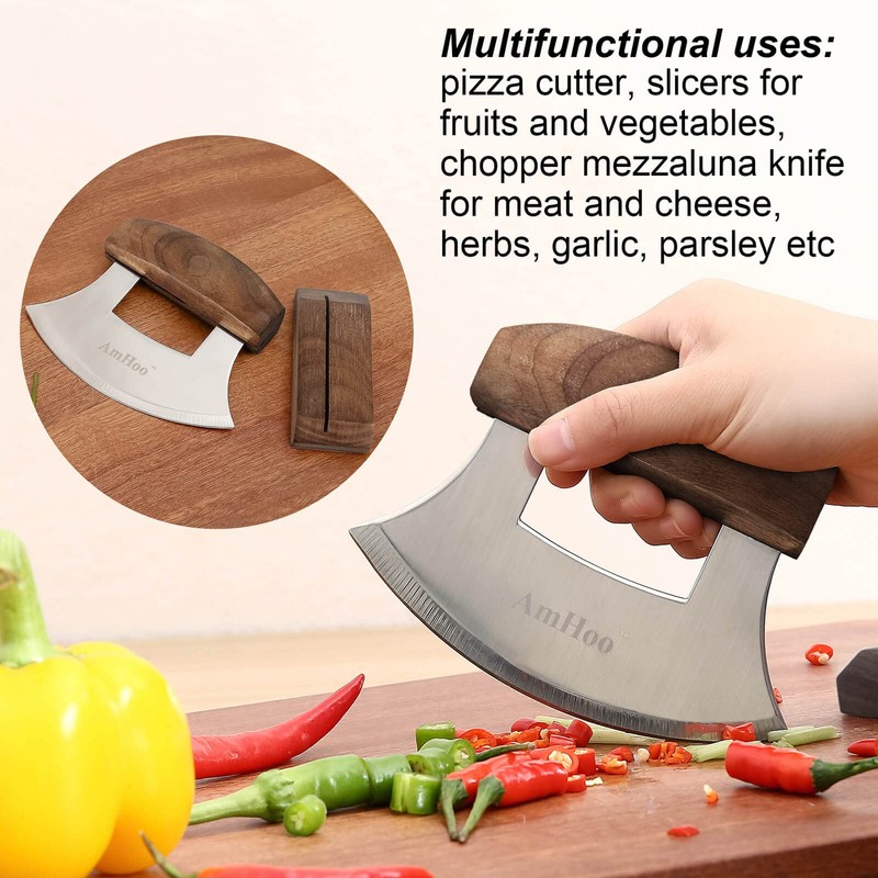 Amhoo Pizza Cutter Chef Mezzaluna Ulu Knife Handle Walnut Wood