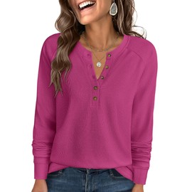 ANRABESS Women's Long Sleeve Waffle Knit Shirts Dressy Casual Loose Button Up V Neck Henley Tops 2025 Fall Basic Tee Blouse Hot Pink X-Large