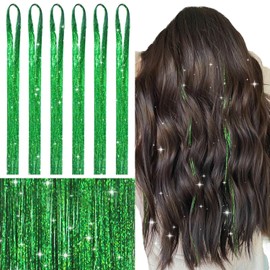 WENNALIFE Hair Tinsel for Girls, Green Fairy Hair Tinsel Kit 1200 Strands 6PCS 48 Inch Heat Resistant Glitter Tinsel Hair Extensions Kit Christmas Angel Hair Feathers Tinsel for Hair Sparkle Strands
