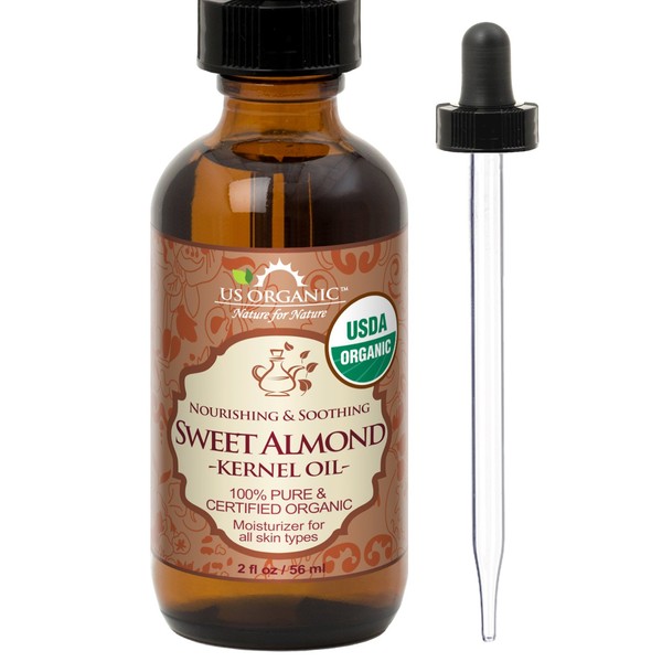 US Organic Sweet Almond Kernel Oil, USDA Certified Organic,100% Pure & Natural, Cold Pressed Virgin, Unrefined in Amber Glass Bottle w/Glass Eyedropper (56 ml)