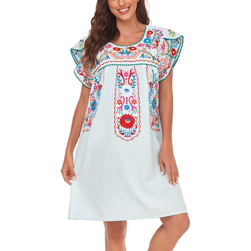 YZXDORWJ Women Summer Mexican Embroidered Boho Peasant Dress Petal Sleeve