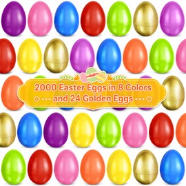 2024Pcs Plastic Easter Eggs 2.3",2000Pcs Fillable Empty Easter Eggs in 8 Colors with 24Pcs Golden Eggs Bulk for Easter Hunt,Basket Stuffers Filler,Easter Party Favor Decor,Classroom Prize,Surprise Egg