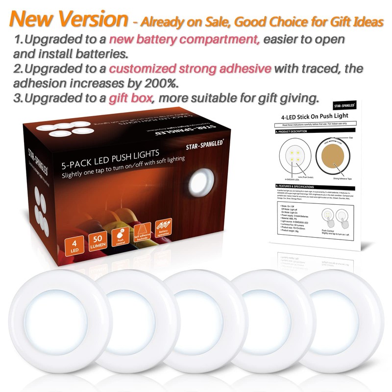 STAR-SPANGLED 2.8” LED Puck Lights Under Cabinet AAA Battery, 5