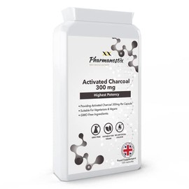 Activated Charcoal 300mg Vegan 120 Capsules (not Tablets) -Steam Activated from Coconut - Contributes to Reducing Excessive Flatulence - Natural Relief- Keto Friendly - UK Manufactured by Pharmanostix