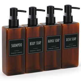 Segbeauty Bathroom Hand Soap Dispenser, 4 Pack Reusable Kitchen Soap Dispenser, 16.9oz Plastic Square Soap Dispenser, 500m Empty Refillable Dish Soap Dispenser with Labels for Modern Kitchen Bathroom