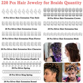 Lucomb 220 Pcs Silver Hair Jewelry for Braids, Loc Jewelry for Hairs Dreadlock, Hairs Charms for Women, Metal Braid Rings Cuffs Clips for Dreadlock Accessories Hair Braids Accessories Decorations