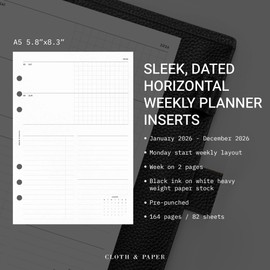 Cloth & Paper 2026 Dated Weekly Planner Inserts - Monday Start | A5 Size 5.8 x 8.3 Inches | Horizontal Weekly Layout, 215 | Minimal Agenda Refill | 6 Ring A5 Binder Planner Inserts