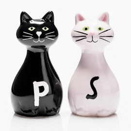 Set of 2 Salt and Pepper Shaker Set in Cat Design, Everyday Ceramic Black and White, 9.5 cm High, Ideal Kitchen Decoration, Easy to Fill, Lovely to Fall in Love With Hand-Painted