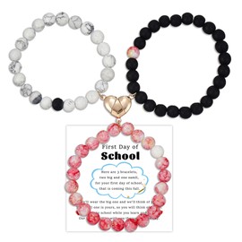 3Pcs First Day of School Bracelets for Dad Mommy and Me, Beaded Matching Heart Charm, Back To School Gifts for 3 (3Pcs)