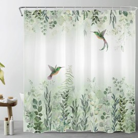 EOBTAIN Sage Green Leaves Shower Curtain Eucalyptus Hummingbird Shower Curtains White Green Leaf Botanical Plant Floral Cottagecore Aesthetic Bathroom Curtain 12 Hooks Durable Fabric 72X72Inches