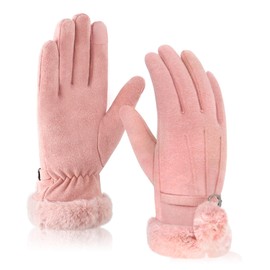 Women Winter Warm Gloves,Pink Fabric Thick Fleece Lined Gloves, Thermal Touchscreen Gloves Ladies Winter Gifts for Dressing Cycling Skiing Running Outdoor Sports