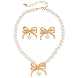 FDEETY 3-Piece Jewellery Set Pearl Necklace for Women Pearl Necklace Bow Earrings Jewellery Set Adjustable Pearl Necklace 14K Gold-Plated Pearls Jewellery Gift for Her Girlfriend, Alloy Steel