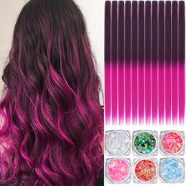 Colored Hair Extensions, 22 Inch Straight Clip in Hair Extension Body Face Hair Glitter Multi Color Rainbow Pink Red Hairpiece Extensions for Kids Girls Women (Glitter+Ombre Black Rose Purple)