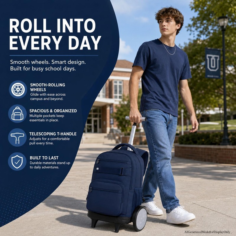 FTJCF 3Pcs Large Wheels Rolling Backpack for Boys Men, 20