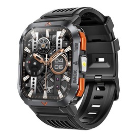 EIGIIS Outdoor Smartwatch with LED Flashlight(Multi-Sport Modes), 3ATM Waterproof, Compass, Smart Watch with Wireless Calls, Music Playback, Weather Forecast, 2.02 Inch Full Touch Screen - Color: Black