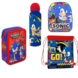 Top Linen (NW) Ltd Character Compatible with Sonic 4 Piece Set -Boys Kids Backpack + Water Bottle + Gym Bag + Filled Pencil Case (Sonic Set of 4)
