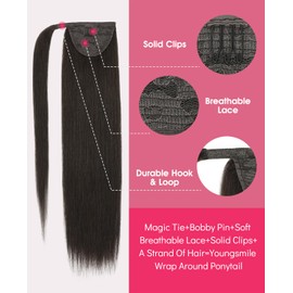 Youngsmile Ponytail Extensions Real Human Hair 2 Darkest Brown Straight Hair Extensions Ponytail Wrap Around Ponytail Extension Clip in Hair Extensions 80 Grams 18Inch (PT#2-18Inch)