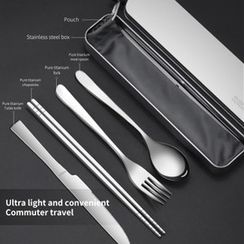 Zing TTI titanium tableware set, travel tableware with box, including titanium fork, knife, chopsticks and spoon, packed in a suitcase, portable design, suitable for school, work, picnic, camping use
