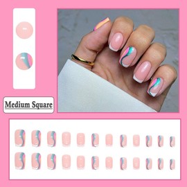 BAOYAALIN Press on Nails Short Medium Square French White Fake Nails with Aurora Swirl Design, Press ons Artificial Acrylic Full Cover False Stick on Nail for Women Girls Daily Wear Wedding 24Pcs