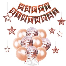 Rose Gold Happy Birthday Banner, 12in Birthday Balloons set with Rose Gold Latex Balloons Confetti Balloons Pentagram Pendant Rose Gold Birthday Decorations for Indoor and Outdoor Birthday Parties