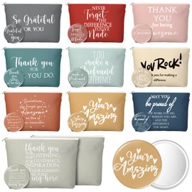 Vercraft 60 Pcs Employee Appreciation Gifts Inspirational Canvas Makeup Bags Compact Mirrors Bulk Cosmetic Bags Round Portable Mirror Thank You Gifts for Women (Praise)