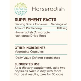 HerbEra Horseradish 120 Capsules, 500 mg, Horseradish (Armoracia rusticana) Dried Root (120 Capsules)