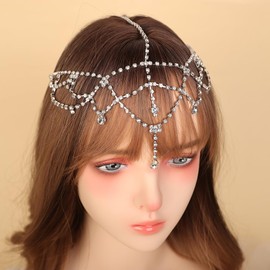 BERYUAN Rhinestone Pendant Forehead Hair Chain Sparkly Rhinestone Tassel Wedding Headpiece Luxury Crystal Rhinestone Headband for Wedding Boho Belly Rhinestone Pendant Hair Costume for Women,