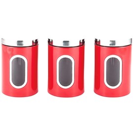 Royal Cuisine Stainless Steel Round Canister Set Of 3 Clear Window and Multi Food Storage Jars (Red)