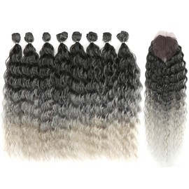 DÉBUT Synthetic Hair Bundles with Closure Weave Bundles with Frontal Swiss Lace 9 Pieces Water Wave 50 cm 240 g High Temperature Fibre (50 cm, T-SGREY)
