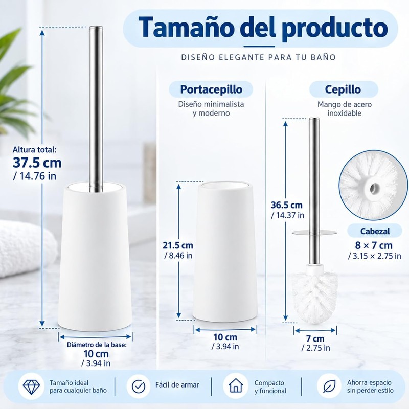 Cepillo de Inodoro 360° Acero Inoxidable con Mango Largo –