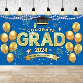 Blue and Gold Graduation Banner Congrats Grad 2024 We Are So Proud of You Banner Graduation Party Decorations 2024 - Class of 2024 Graduation Backdrop Graduation Party Supplies 2024-72x44 inch