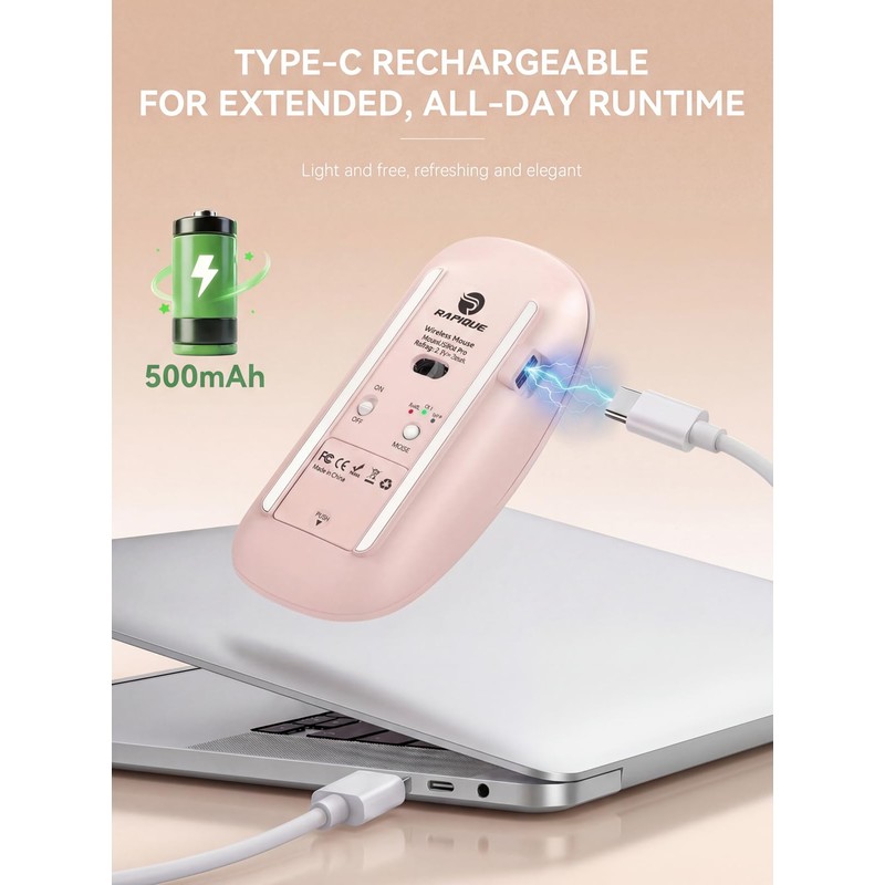 RAPIQUE Slim Wireless Mouse, Bluetooth & 2.4GHz, Rechargeable, Beige