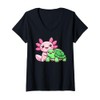 Womens Cute Axolotl Hugging Turtle V-Neck T-Shirt