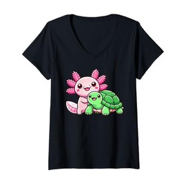 Womens Cute Axolotl Hugging Turtle V-Neck T-Shirt