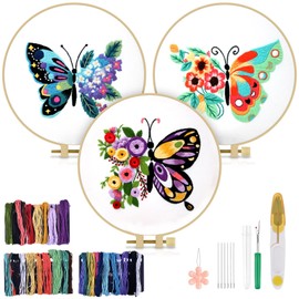 TINDTOP Beginners Embroidery Stitch Practice kit, Butterfly Flower Embroidery Kit for Beginners Include Embroidery Cloth Hoops Threads for Craft Lover Hand Stitch with Embroidery Skill Techniques