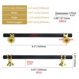 WMYCONGCONG 5 PCS Kitchen Cabinet Pull 6-1/4" Hole Centers Matte Black Solid Gold Base Drawer Handles Euro T Bar Pull Hardware for Cupboard Door Dresser Drawers