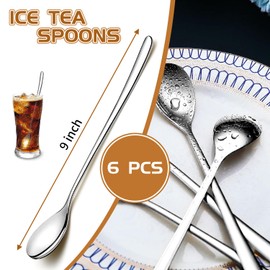 Monfasye Long Handle Iced Tea Spoons, 6 Pcs 9.5-Inch Stainless Steel Dessert and Coffee Mixing Spoons for Milkshakes, Ice Cream, Cocktails, Cold Drinks (Oval)