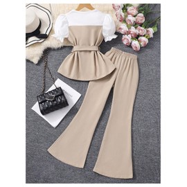 OYOANGLE Girl's 2 Piece Summer Outfit Puff Sleeve Belted Blouse Top and Bell Bottom Pants Set Khaki and White 8Y
