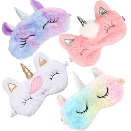4 Pack Cute Animal Unicorn Sleep Mask for Girls Cute Unicorn Horn Soft Plush Blindfold Sleep Masks Eye Cover Eyeshade for Kids Girls Teens Women Plane Travel Nap Night Sleeping