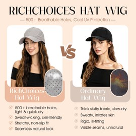 Hat Wigs for Women,Summer Baseball Cap Wigs,Hats with Hair Attached for Women/Men 18Inch Wave/Curly Straight Natural Black Hair Black Hat