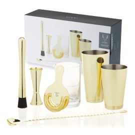 Viski Gold Cocktail Shaker Set - Gold Bar Set for Cocktails - Shaker, Mixing Glass, Barspoon and Bartender Accessories - Stainless Steel Set of 7