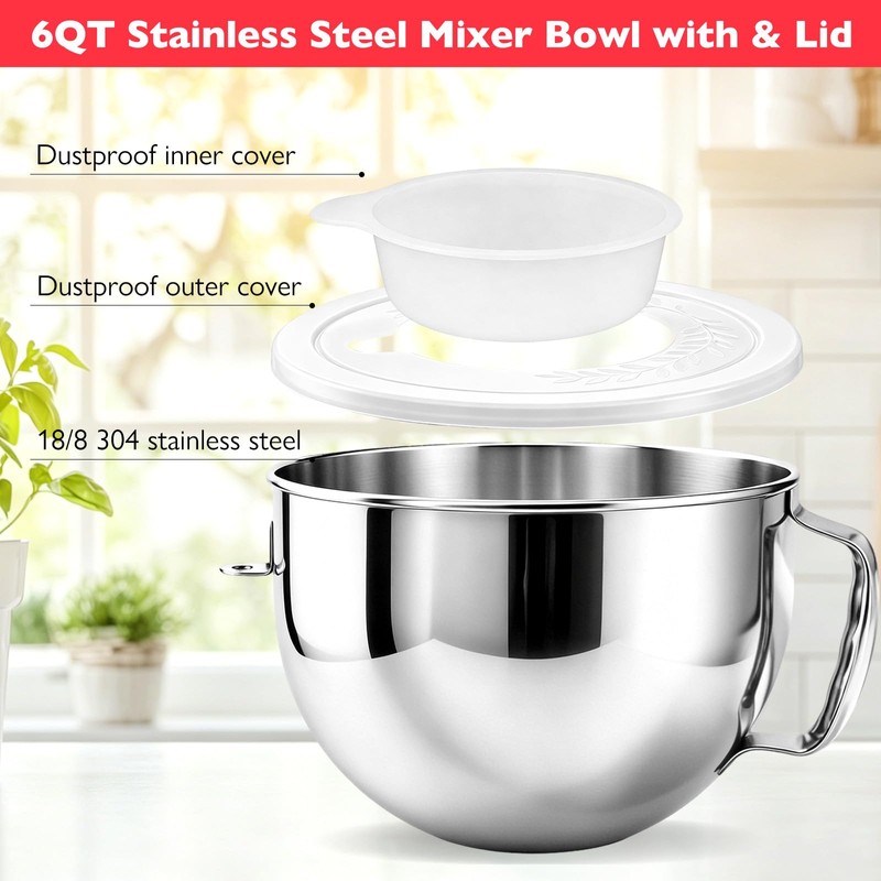 6QT Replacement Stainless Steel Bowl for KitchenAid Bowl-Lift Mixers