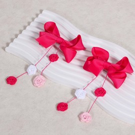 Hot Pink Floral Tassel Hair Bow Clip Barrettes 3.5" for Flower Girls Boutique Grosgrain Ribbon Alligator Hairpins Toddler Teen Summer Valentines Dress Accessory Gift Set of 2