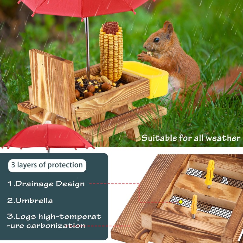 MIXXIDEA Wooden Squirrel Feeder Table with Water Bowl, Squirrel Picnic