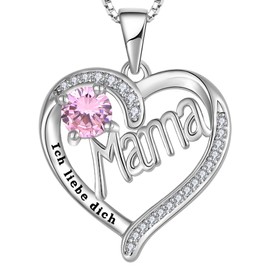 YL Mama Necklace 925 Sterling Silver Engraving I Love You Cut 12 Birthstones Zirconia Mum Pendant for Women, Silver, Cubic Zirconia