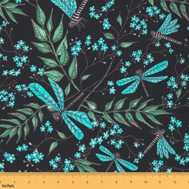 Feelyou Dragonfly Upholstery Fabric, Chic Floral Branch Fabric by The Yard, Garden Dragonfly Printed Decorative Fabric for Upholstery and Home DIY Projects, Outdoor Fabric, 3 Yards, Teal Black