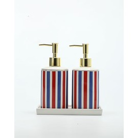 Patriotic Red, White & Blue Ceramic Soap Dispenser Set with Gold Pump – 3-Piece Bathroom & Kitchen Accessories with Tray, Refillable Lotion & Dish Soap Pump Bottles for Fourth of July & Nautical Décor