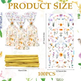 BOXOB 100pcs Wildflower Party Cellophane Bags, Flower Goodie Bags with 100 Ties Party Supplies for Baby Shower Bridal Shower Birthday Wedding